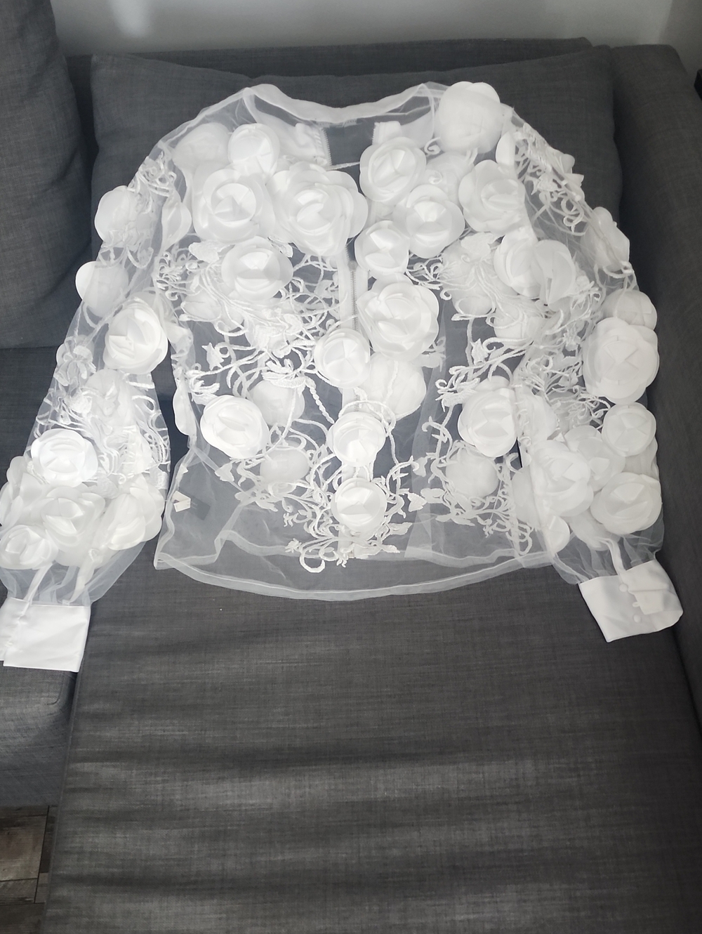 Boston Proper White Sheer 3D Floral Appliqué Blouse